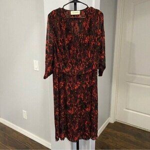 BY Malene Birger Otto Red Pleated Midi Floral Dress Size 32 Pleat Chiffon US XL